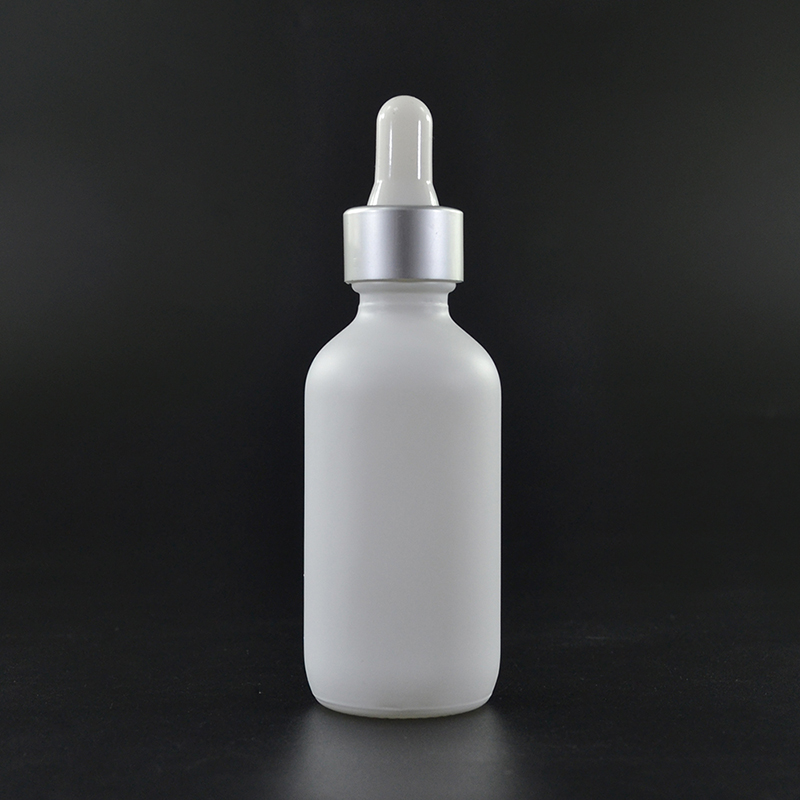 2oz Opal White Glass Boston Round Bottle with Gold Metal and Glass Dropper
