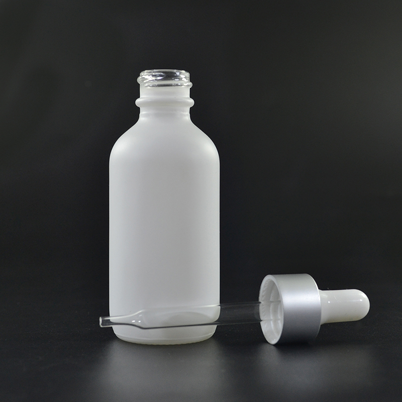 2oz Opal White Glass Boston Round Bottle with Gold Metal and Glass Dropper