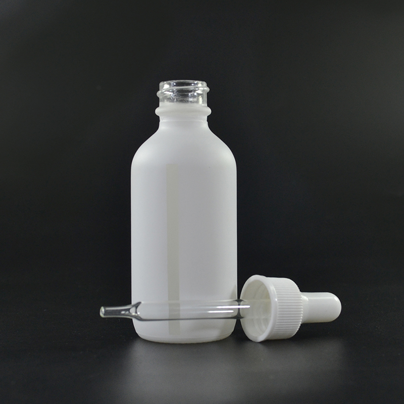 2oz Opal White Glass Boston Round Bottle with Gold Metal and Glass Dropper