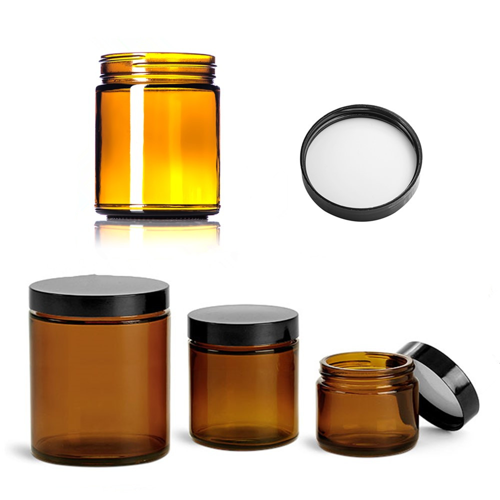 2oz amber glass jars with black screw cap and fitment for skincare