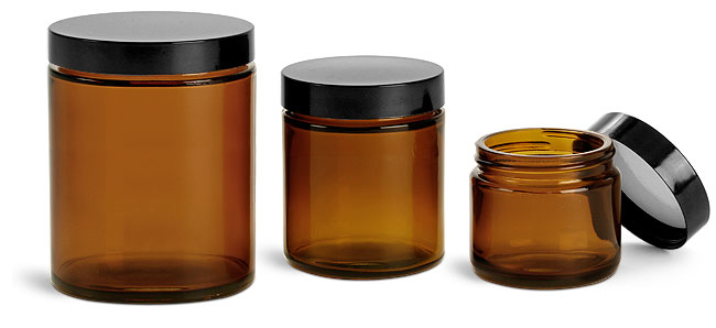 2oz amber glass jars with black screw cap and fitment for skincare