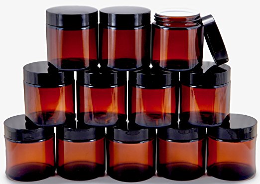 2oz amber glass jars with black screw cap and fitment for skincare