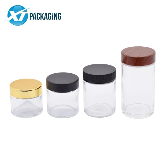 2oz glass jar with wood top child proof golden child safe double cap jar smell proof container plastic CRC lid herb packaging