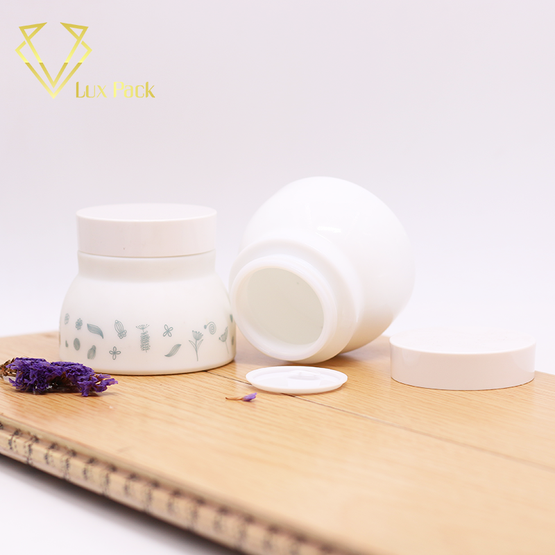 2oz opal white glass round cream bottle with logo printing