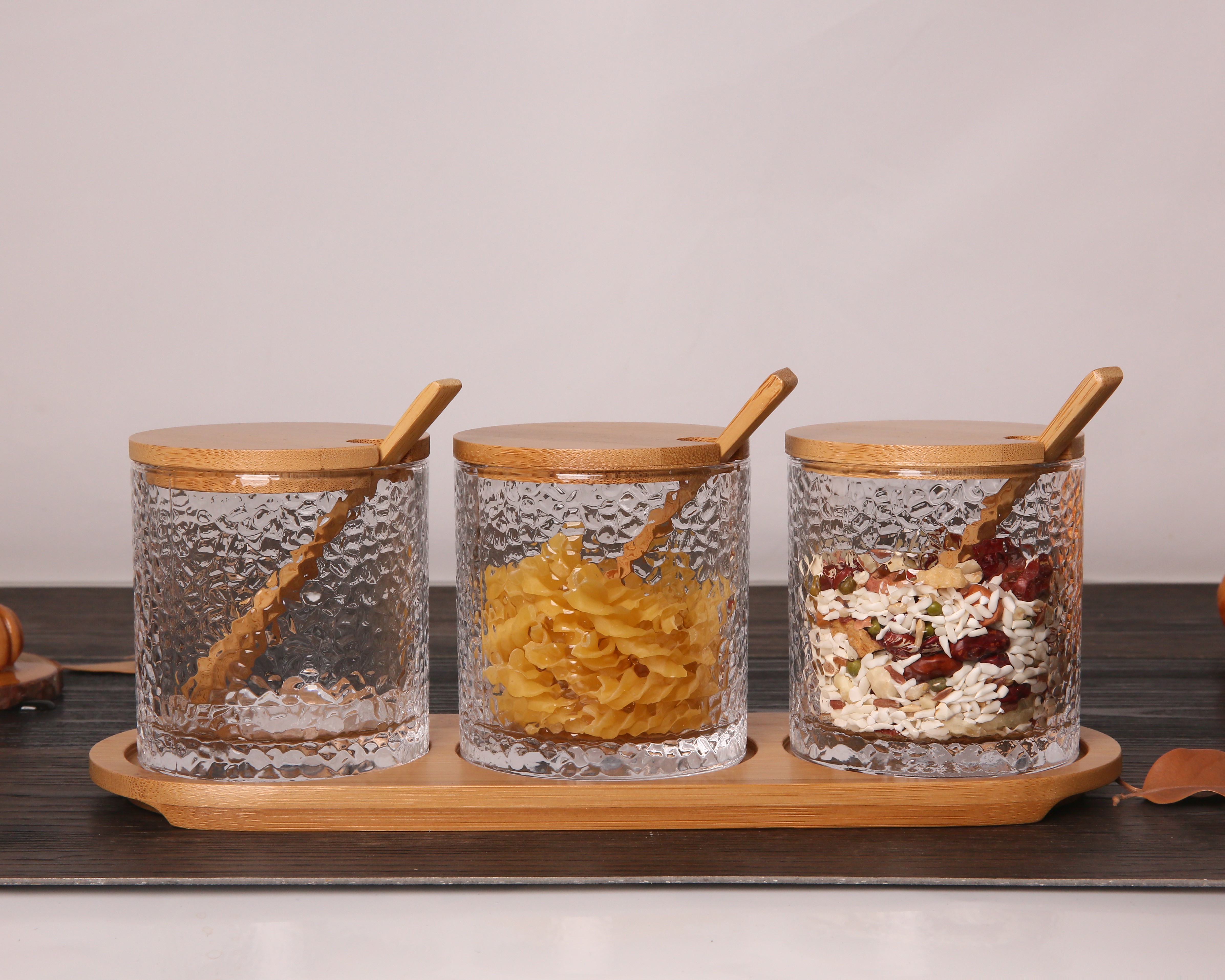 3-PCS SETS SPIGlass Canister Jar for Kitchen Storage, for Sugar, Seeds, Salt, Pepper, Spices Glass Jar with Bamboo Lid and Spoon