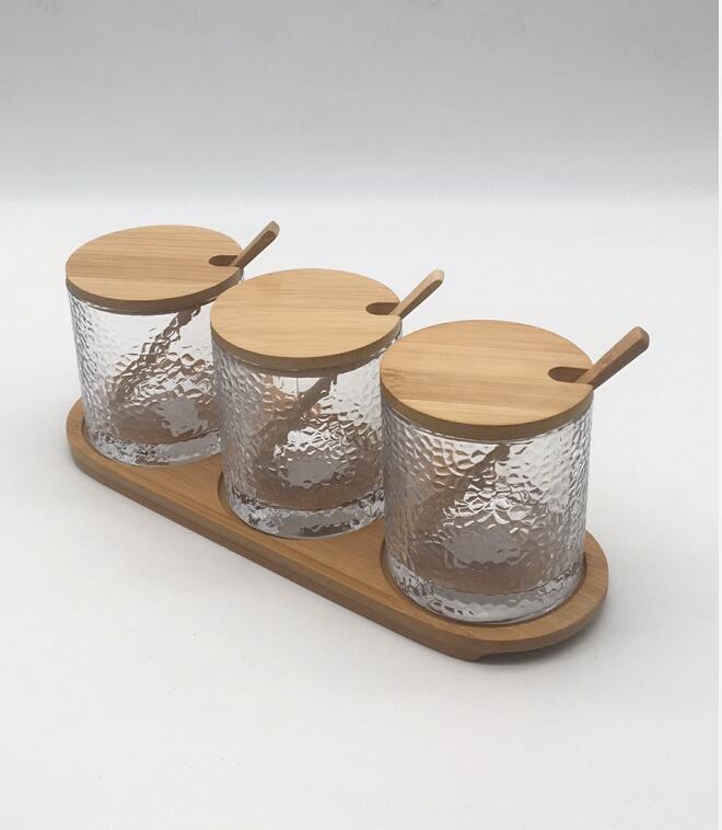 3-PCS SETS SPIGlass Canister Jar for Kitchen Storage, for Sugar, Seeds, Salt, Pepper, Spices Glass Jar with Bamboo Lid and Spoon