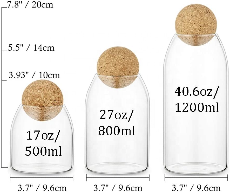 3 Pcs Set Cork Ball Lid Stopper Jars Glass Storage Jar Set