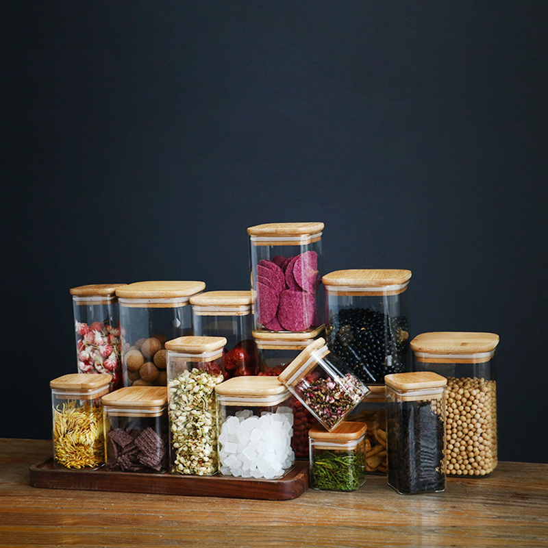 3 Sizes Stainless Steel Clip Transparent Square Food Storage Glass Jar with Wood Lid