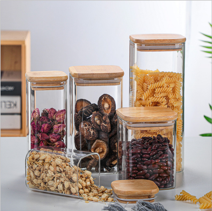 3 Sizes Stainless Steel Clip Transparent Square Food Storage Glass Jar with Wood Lid