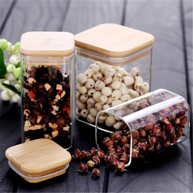 3 Sizes Stainless Steel Clip Transparent Square Food Storage Glass Jar with Wood Lid