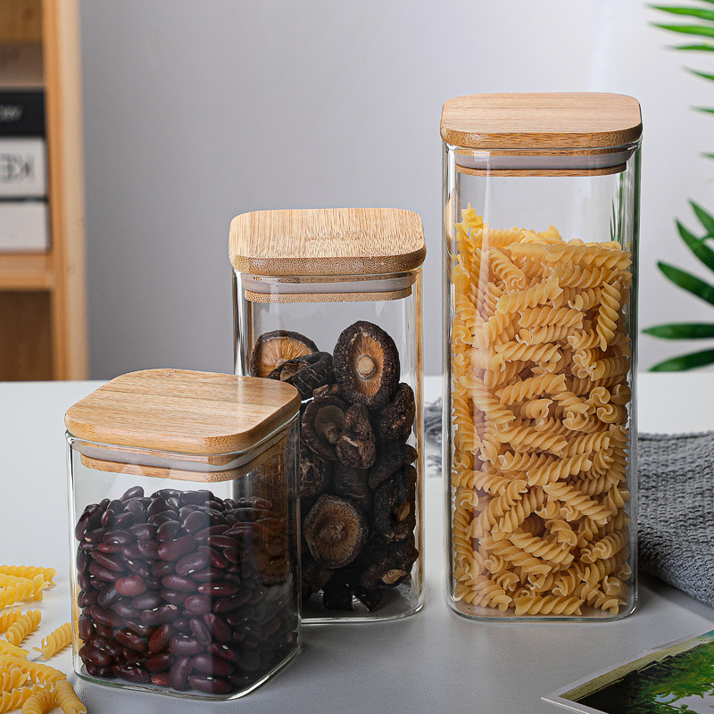 3 Sizes Stainless Steel Clip Transparent Square Food Storage Glass Jar with Wood Lid