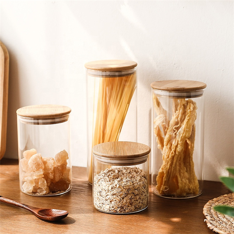 3 Sizes Transparent Round Food Storage Glass Jar With Wood Lid