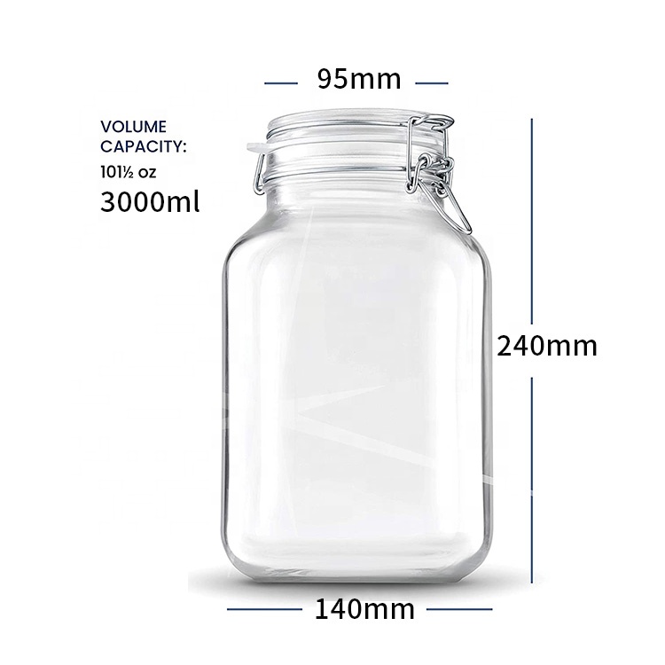 3 liter 3000ml large square Mason glass jar with clip lid for fermentation Preserving Food Storage
