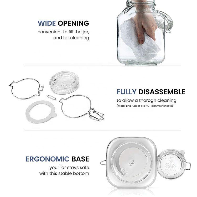 3 liter 3000ml large square Mason glass jar with clip lid for fermentation Preserving Food Storage