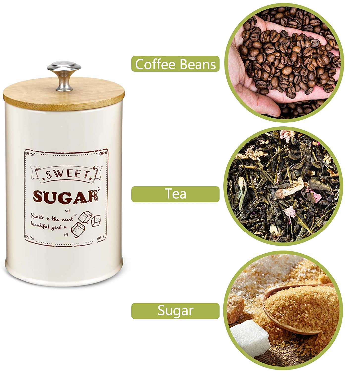 3-piece set, sealed kitchen jar, stainless steel galvanized iron food storage tank with bamboo lid, suitable for sugar tea coffe