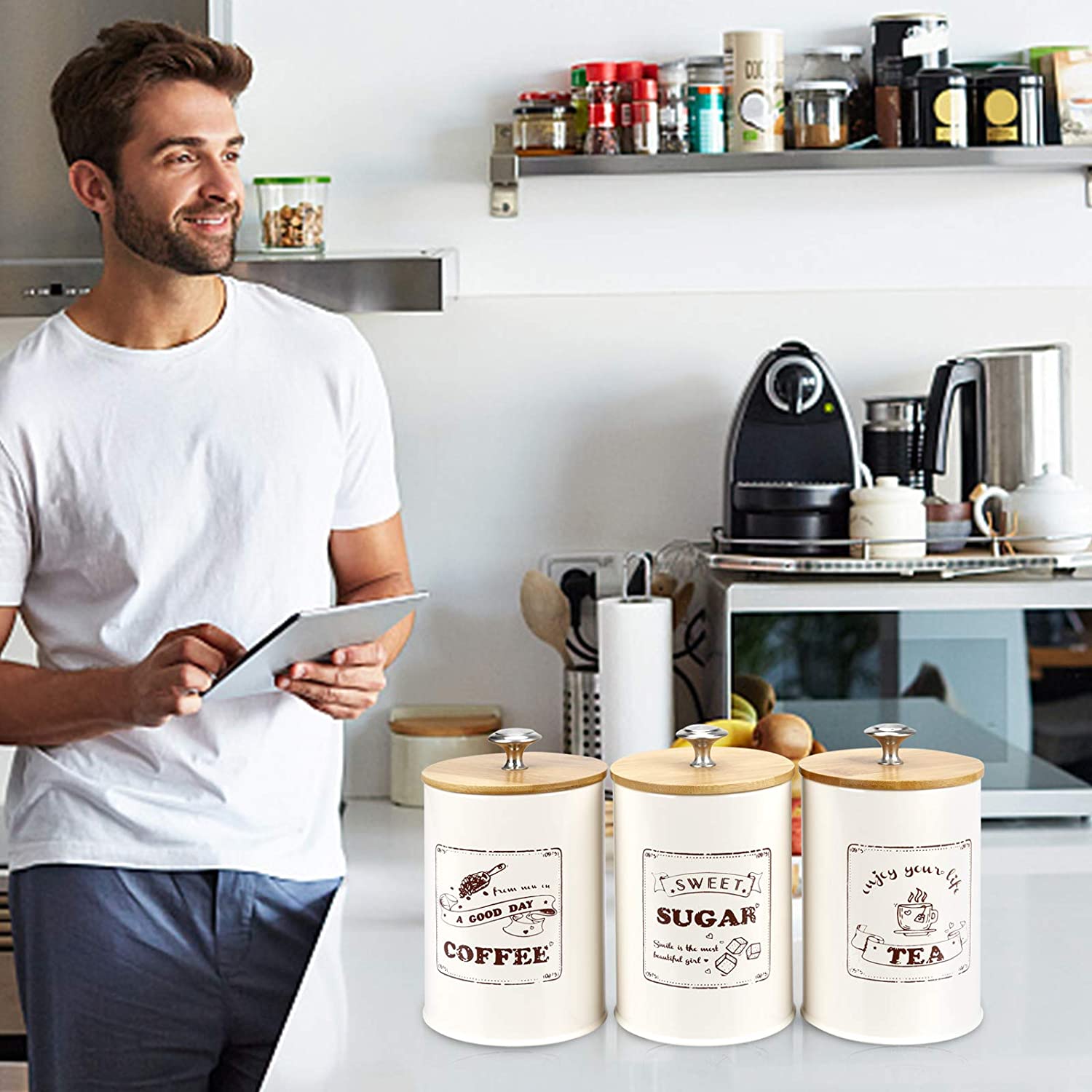 3-piece set, sealed kitchen jar, stainless steel galvanized iron food storage tank with bamboo lid, suitable for sugar tea coffe