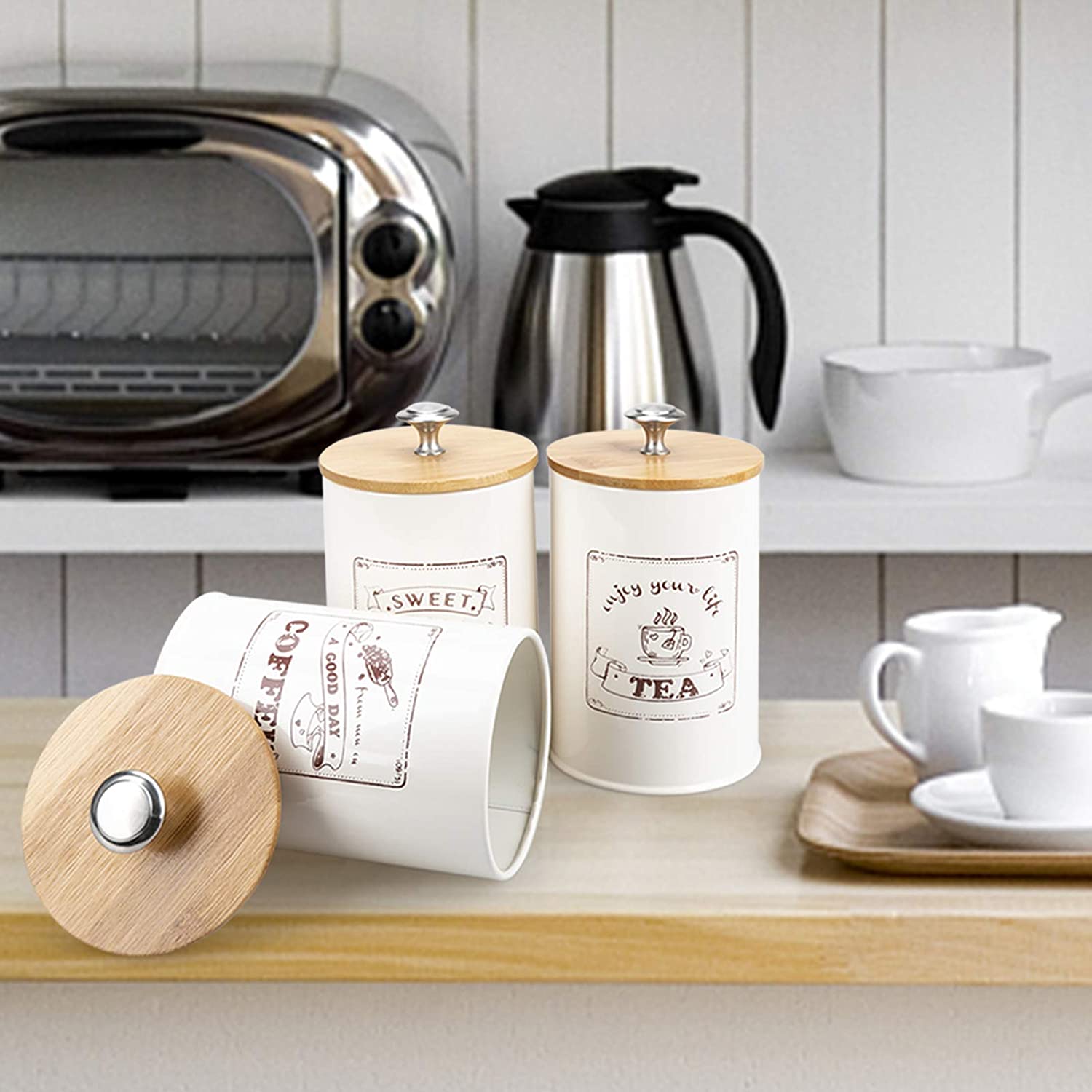 3-piece set, sealed kitchen jar, stainless steel galvanized iron food storage tank with bamboo lid, suitable for sugar tea coffe