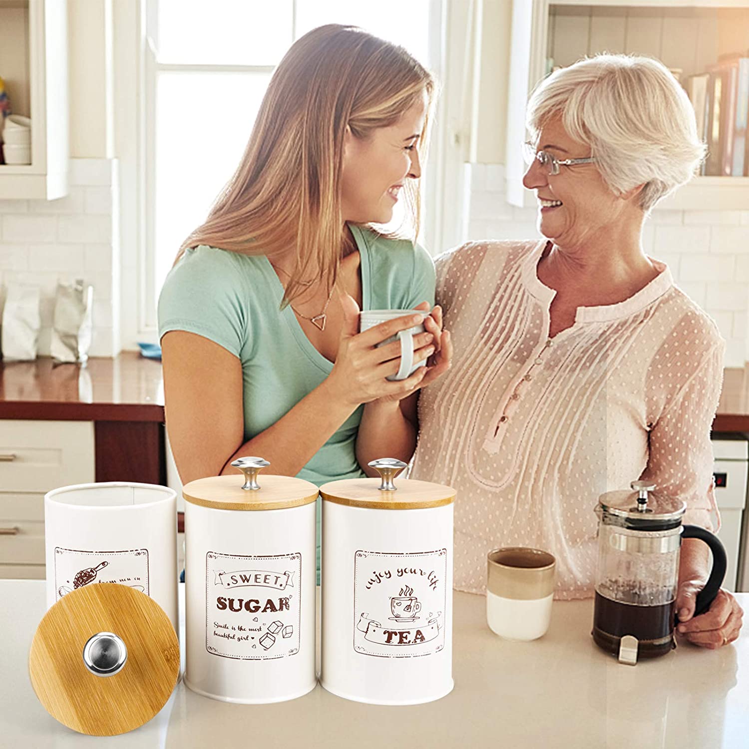 3-piece set, sealed kitchen jar, stainless steel galvanized iron food storage tank with bamboo lid, suitable for sugar tea coffe