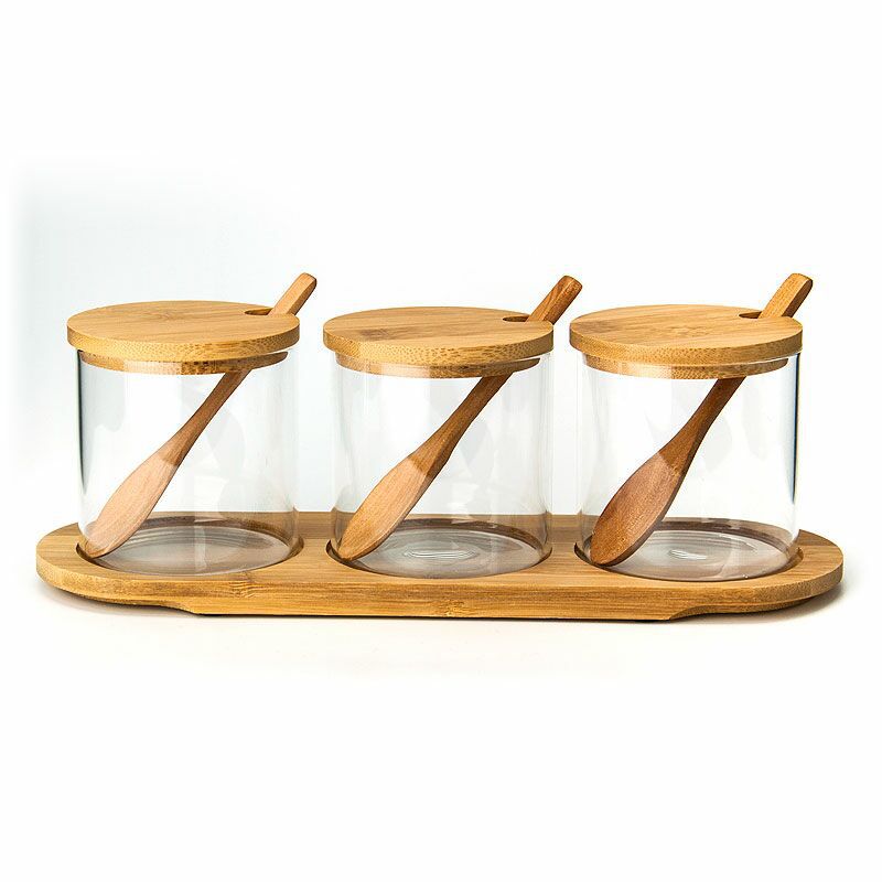 3 pieces glass storage container jars with bamboo lids in kitchen