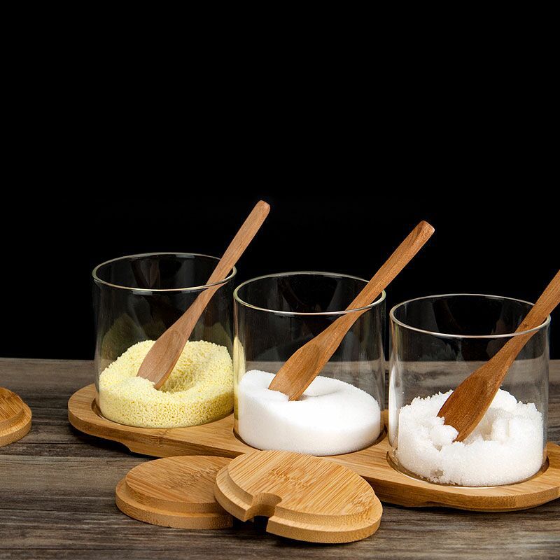 3 pieces glass storage container jars with bamboo lids in kitchen