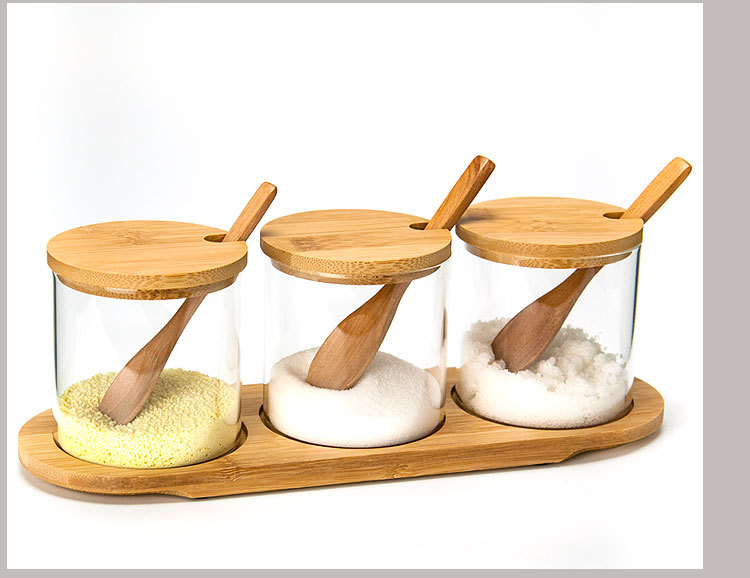 3 pieces glass storage container jars with bamboo lids in kitchen