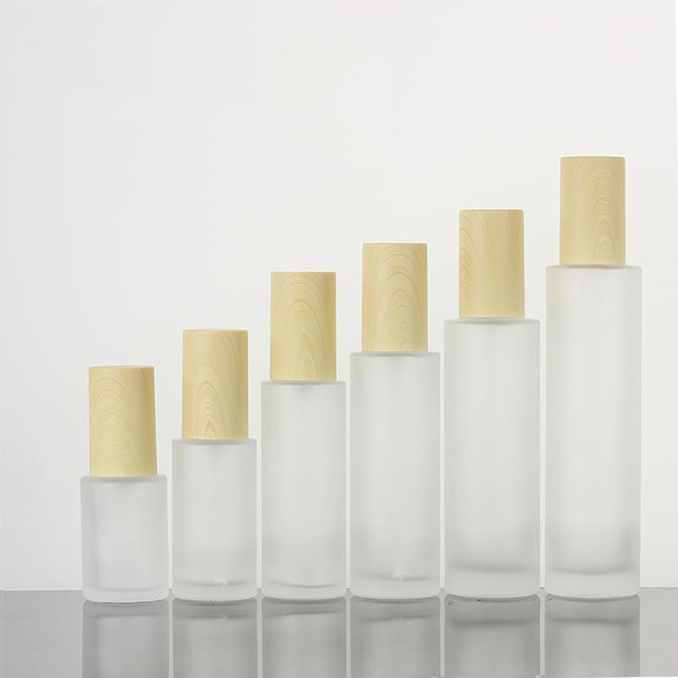 30/40/60/80/120ml Flat Shoulder Body Cream Jar Frosted Skincare Glass Lotion Bottles Cosmetics Sets with Wood Grain Cap
