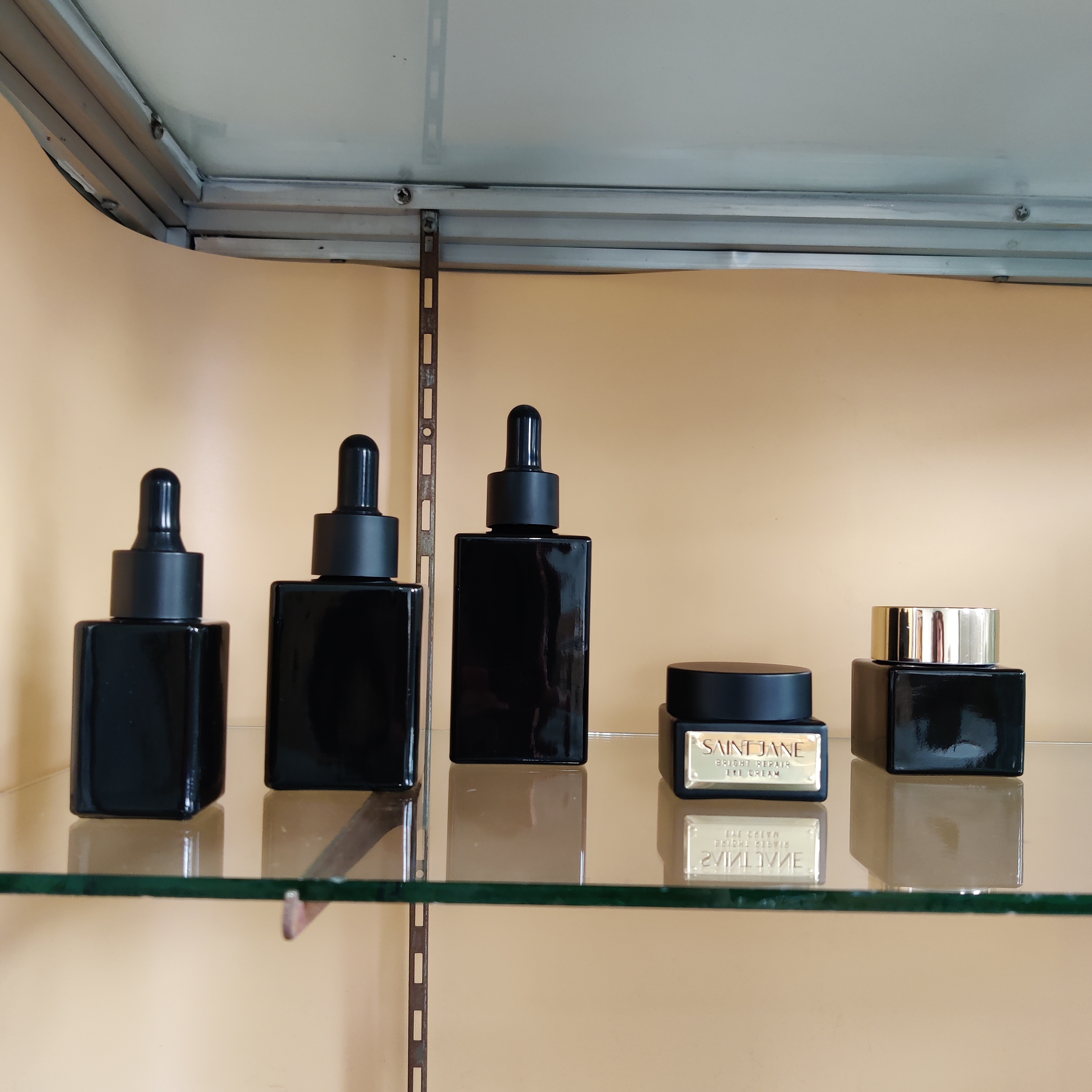 30/80/120ml20g30g50g Black Cosmetic Packaging Square Glass Bottle and Jar for Skin Care Eye Face Cream with PlasticMetal Dropper