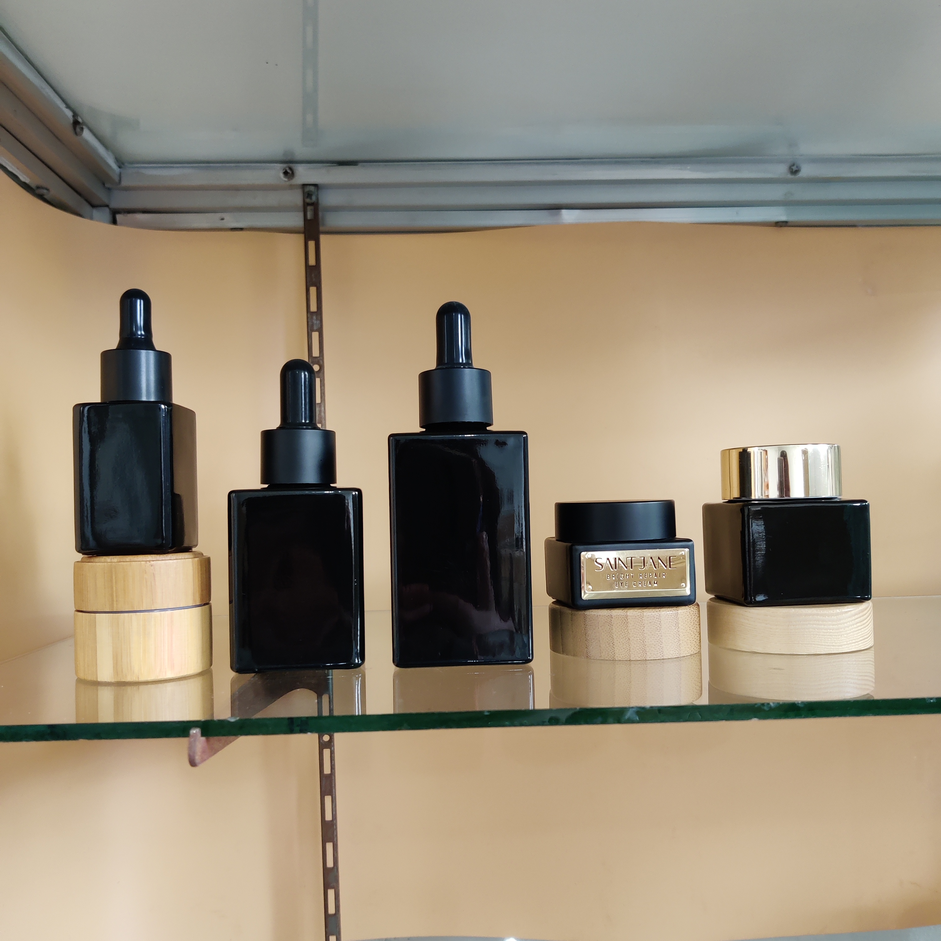 30/80/120ml20g30g50g Black Cosmetic Packaging Square Glass Bottle and Jar for Skin Care Eye Face Cream with PlasticMetal Dropper