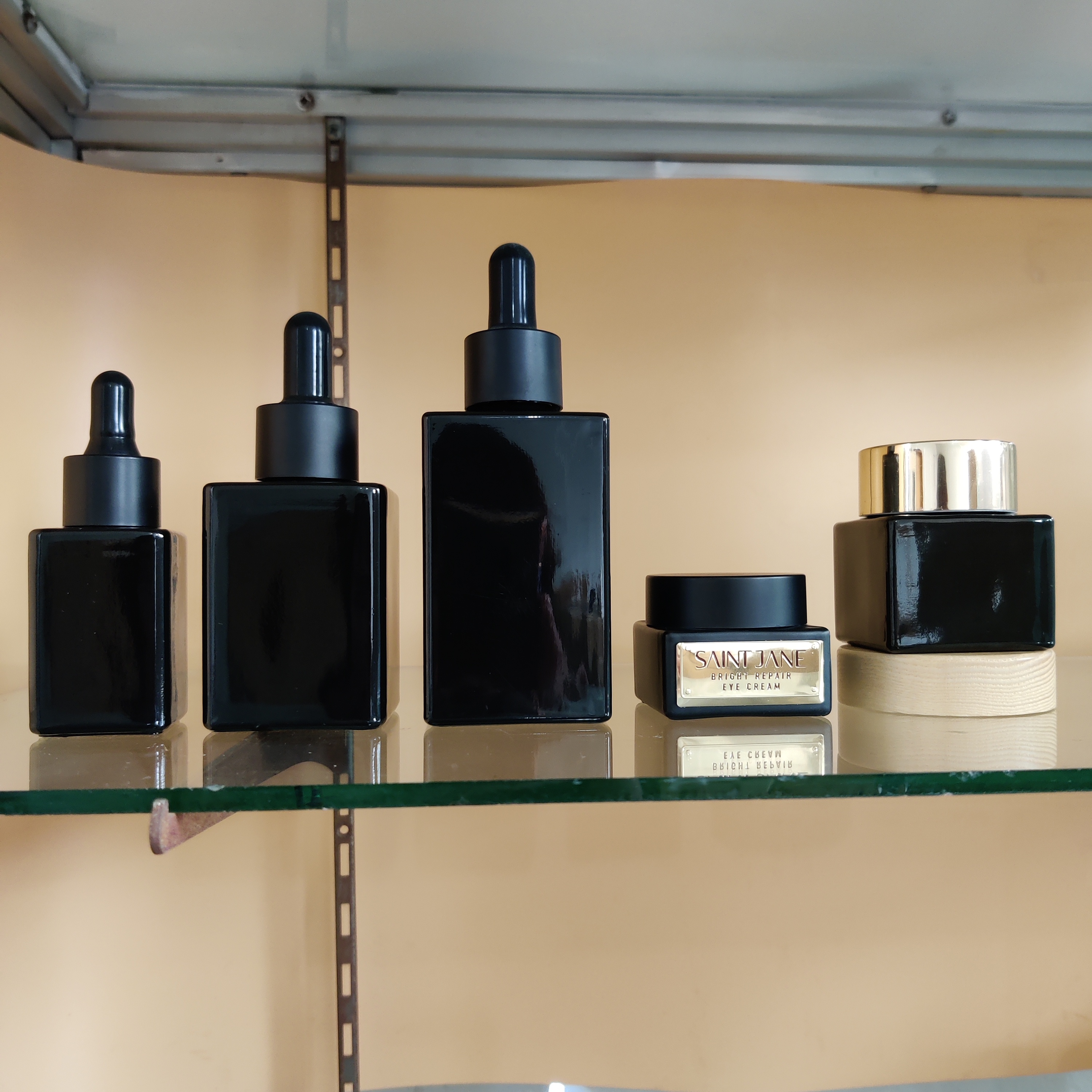 30/80/120ml20g30g50g Black Cosmetic Packaging Square Glass Bottle and Jar for Skin Care Eye Face Cream with PlasticMetal Dropper