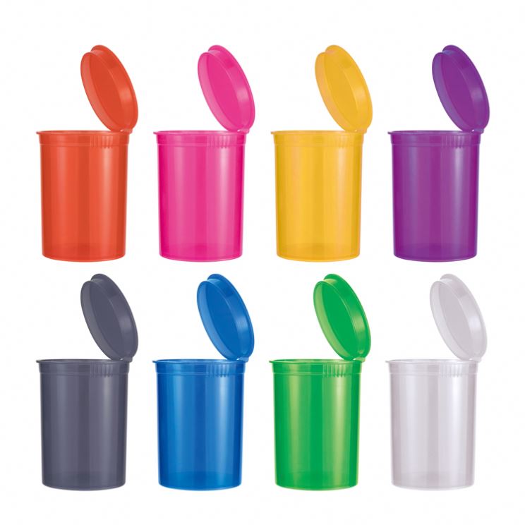 30 dram semi-opaque weed pill hemp pop top up open squeeze hinged lid child resistant proof plastic vials jars
