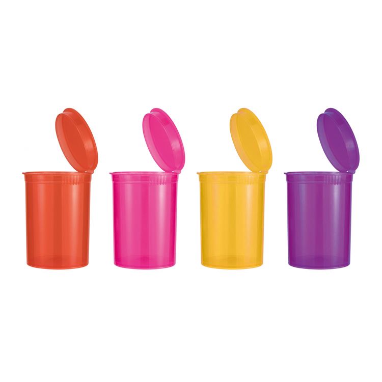 30 dram semi-opaque weed pill hemp pop top up open squeeze hinged lid child resistant proof plastic vials jars