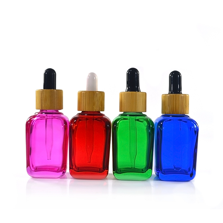 30 ml 1 oz bamboo lid pink purple blue french square glass dropper bottle for cosmetic serum