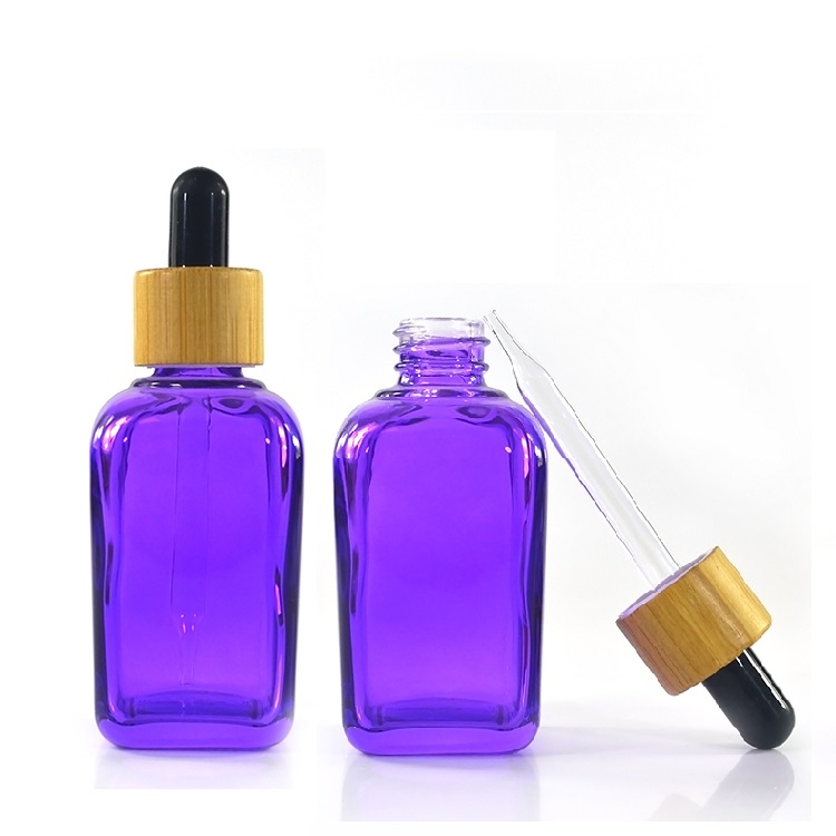 30 ml 1 oz bamboo lid pink purple blue french square glass dropper bottle for cosmetic serum