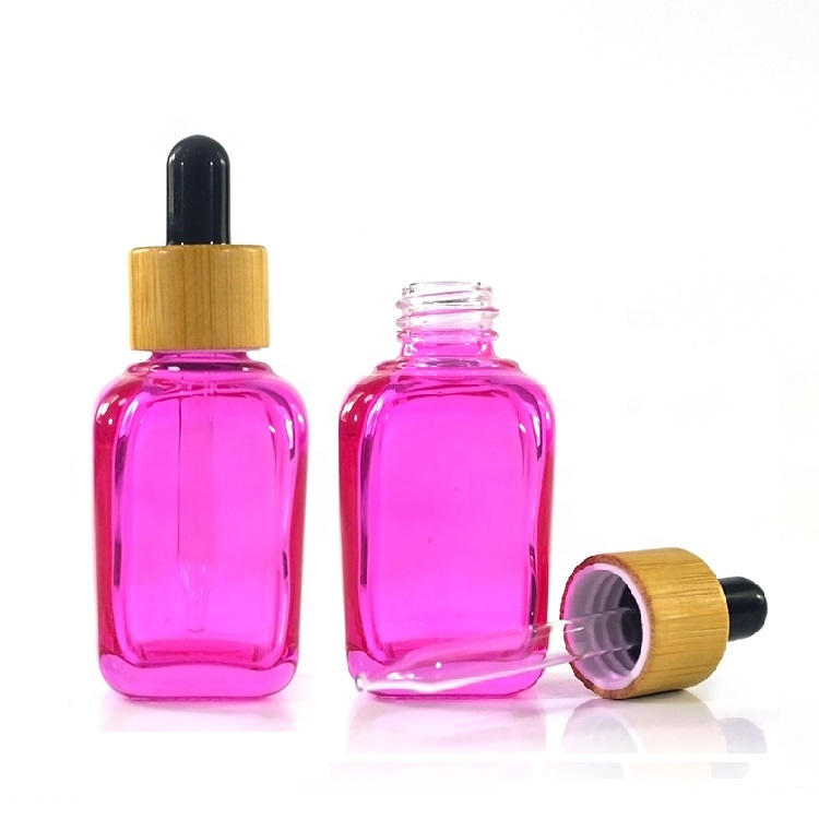30 ml 1 oz bamboo lid pink purple blue french square glass dropper bottle for cosmetic serum
