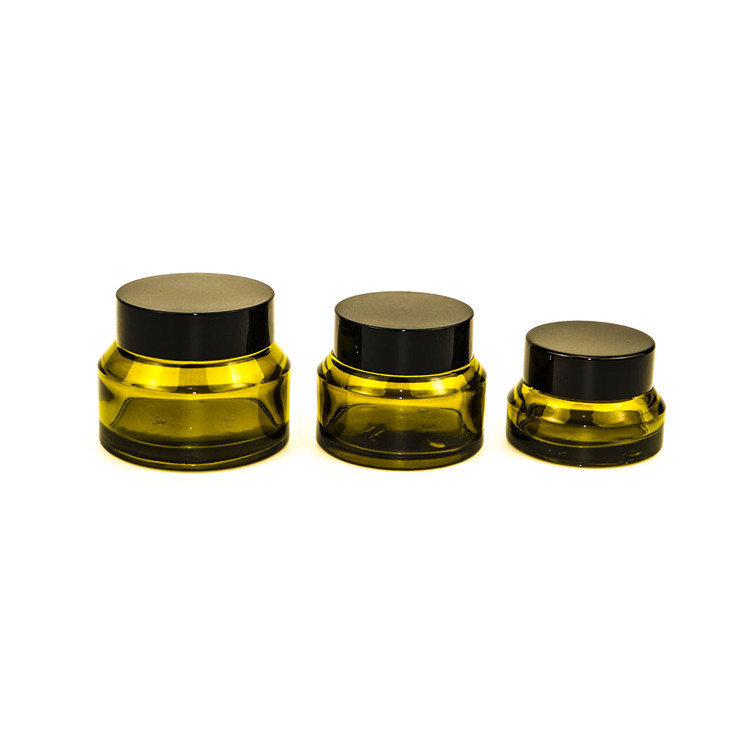 30 ml 50 ml 100 ml 1oz 30g 50g clear green frosted matte black cream glass jar with sloping shoulder with black plastic lid