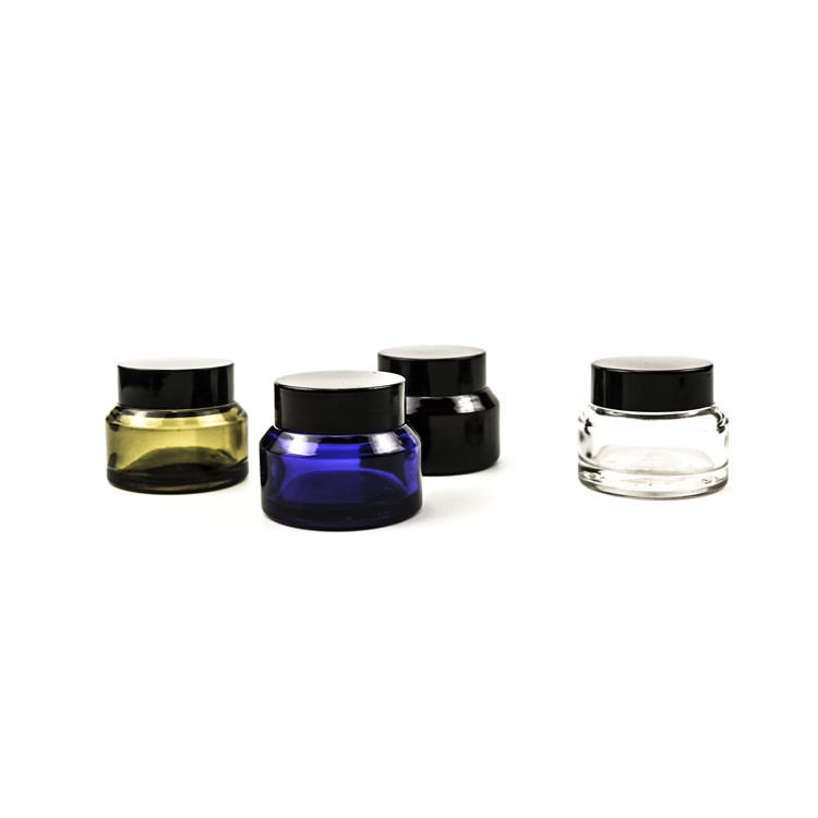 30 ml 50 ml 100 ml 1oz 30g 50g clear green frosted matte black cream glass jar with sloping shoulder with black plastic lid