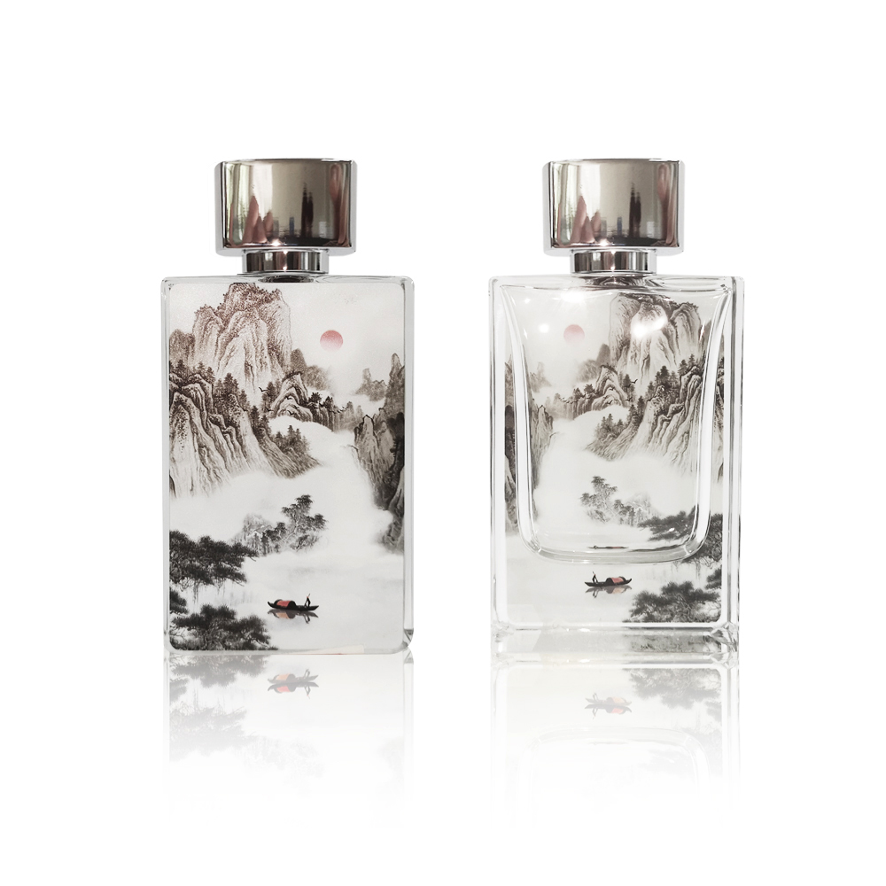 30 ml 50 ml 70 ml UV printing decorative crimp atomizer classic square glass perfume bottle with package box