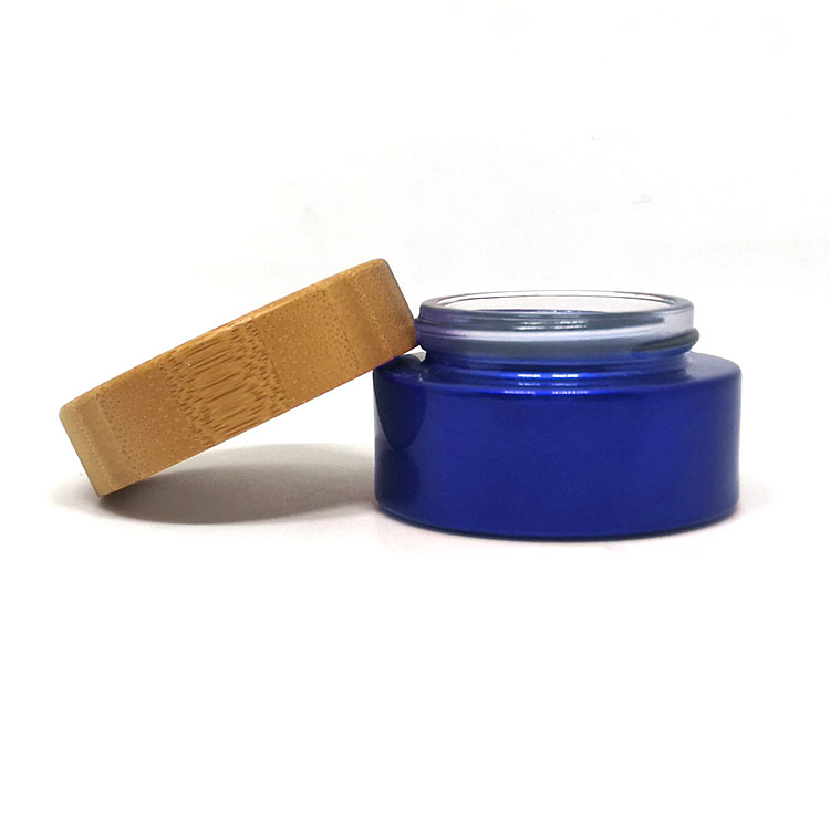 30 ml luxury cosmetic pot cbd cream container real bamboo lid blue glass cosmetics jar