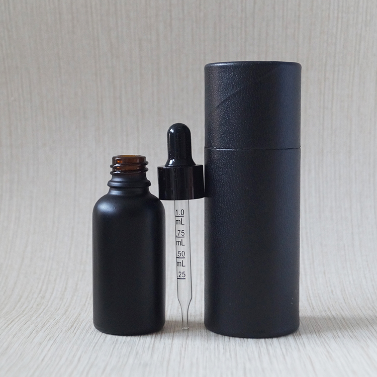30 ml matte frosted black measuring glass dropper bottle with paper cardboard tube
