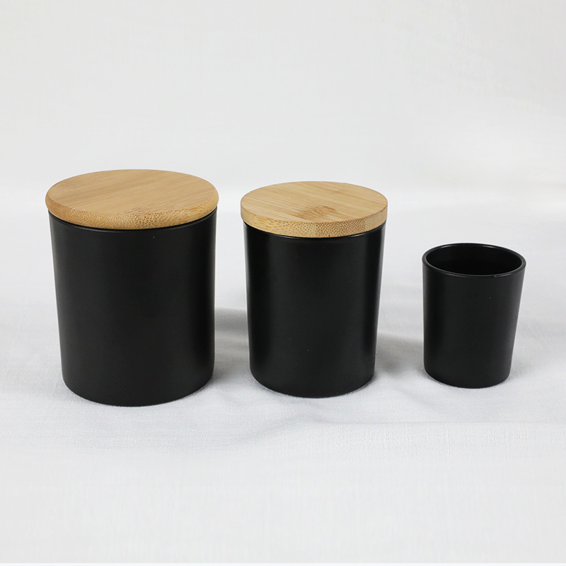 300ML frosted black glass candle jars glass matte black candle jar with bamboo wooden lid