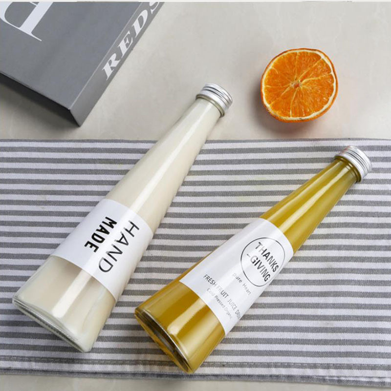 300ml, 250ml, 200ml beverage juice cone shape glass bottle