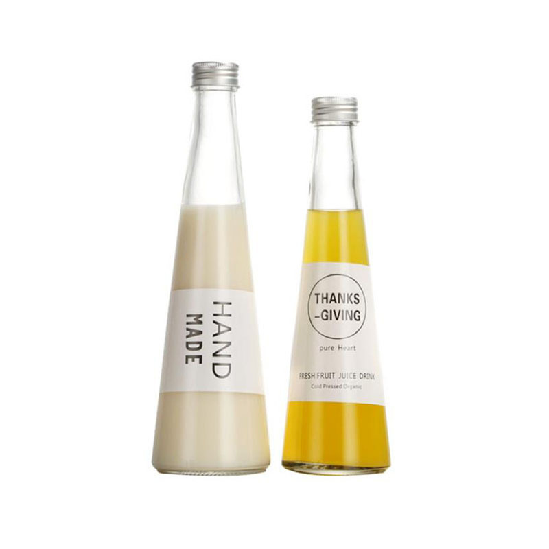 300ml, 250ml, 200ml beverage juice cone shape glass bottle