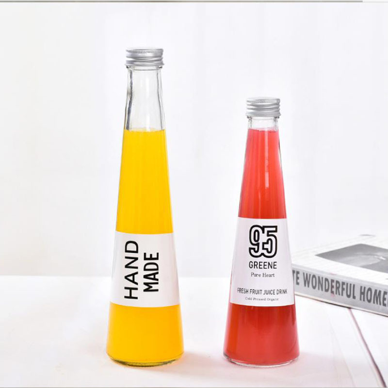 300ml, 250ml, 200ml beverage juice cone shape glass bottle