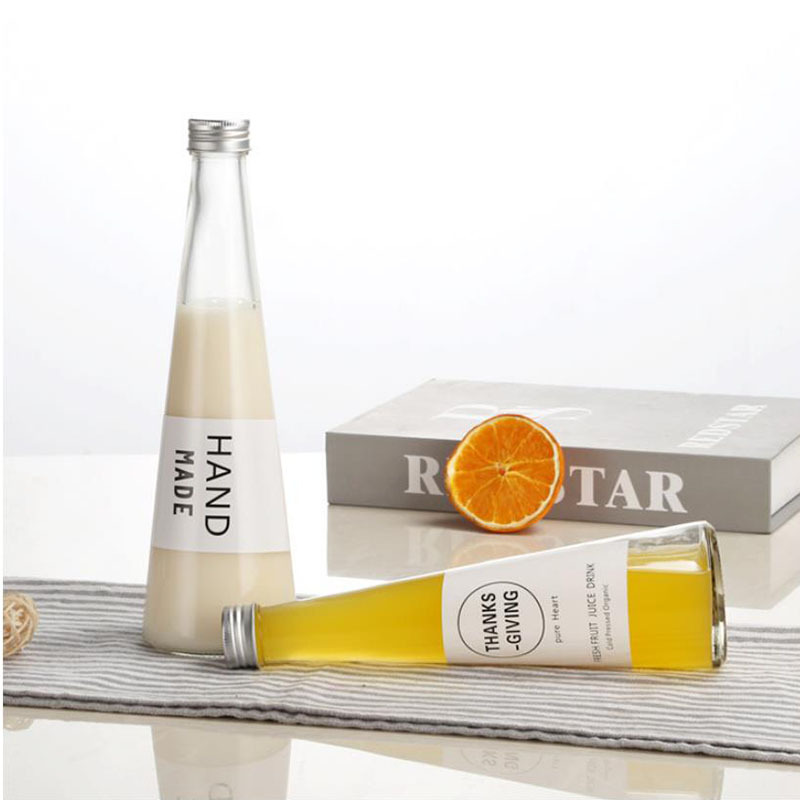 300ml, 250ml, 200ml beverage juice cone shape glass bottle