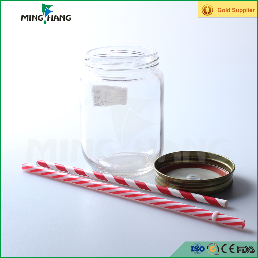 300ml 350ml 500ml large colored wide mouth Glass mason jar with metal lid and plastic color straw