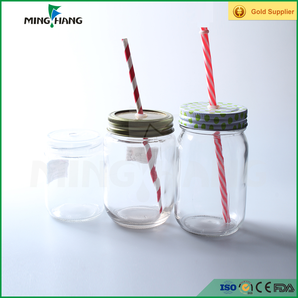 300ml 350ml 500ml large colored wide mouth Glass mason jar with metal lid and plastic color straw