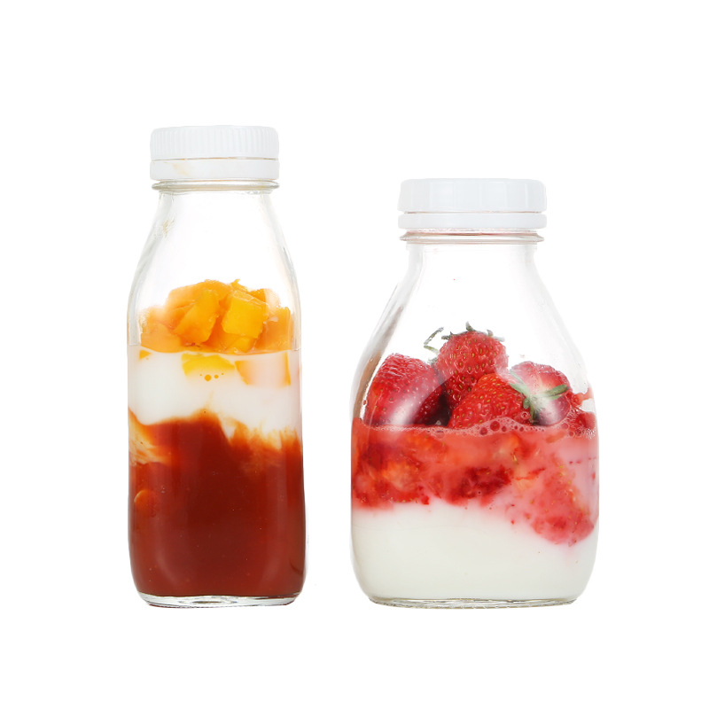 300ml 400ml 500ml 1000ml French Square Glass Milk Juice Bottle with Plastic Lid
