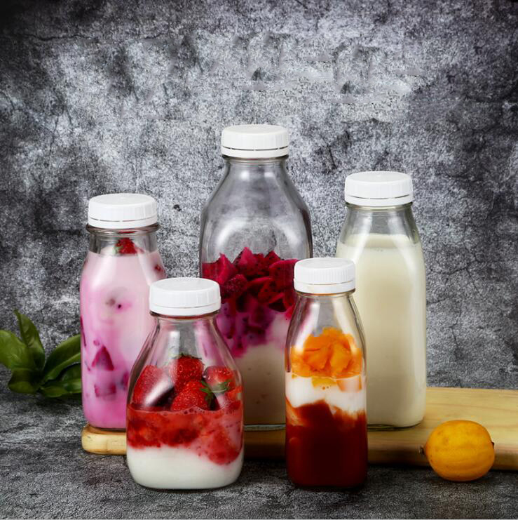 300ml 500ml 1000ml Clear Square Glass tapered Milk Juice Beverage Bottle with Plastic Anti-theft Lid