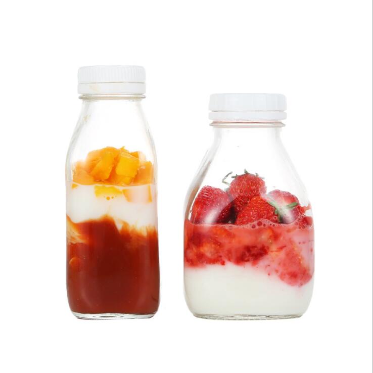 300ml 500ml 1000ml Clear Square Glass tapered Milk Juice Beverage Bottle with Plastic Anti-theft Lid