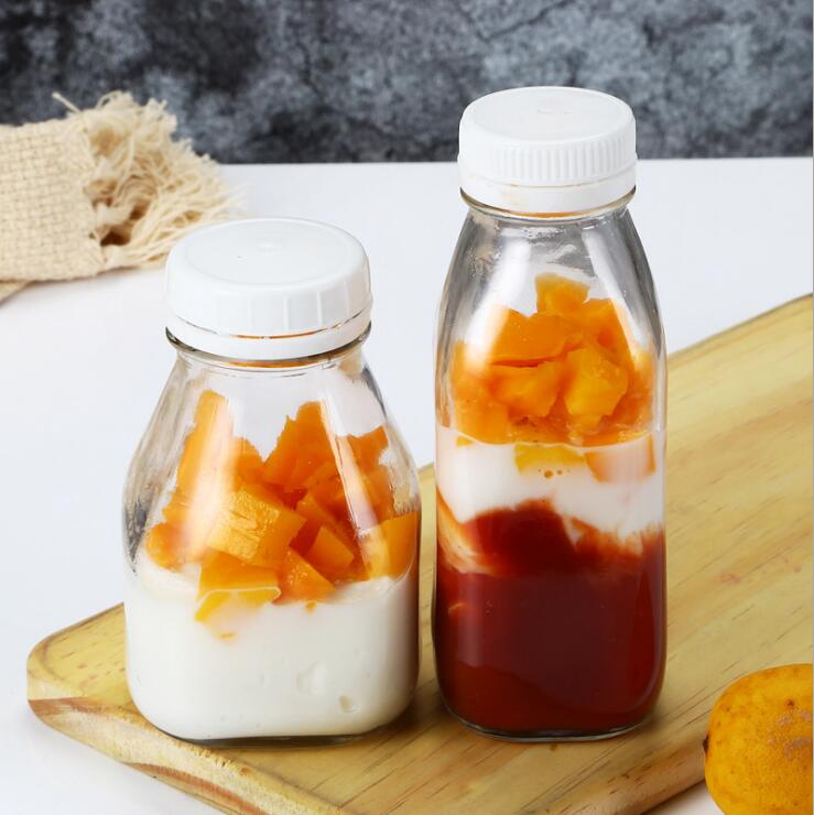 300ml 500ml 1000ml Clear Square Glass tapered Milk Juice Beverage Bottle with Plastic Anti-theft Lid